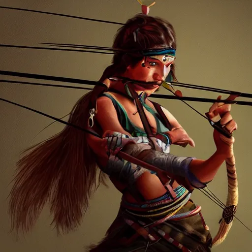 Prompt: tribal archer woman aiming her bow off camera, painting, artstation, epic, intense lighting