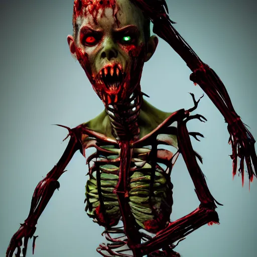 Image similar to angry zombie female in swim - suit, full body portrait, perfect body, rib cage open, horror core, apocalyptic, feeling of grimdark, sharp focus, fiction, hyper detailed, digital art, trending in artstation, cinematic lighting, studio quality, smooth render, unreal engine 5 rendered, octane rendered, art style and nixeu and wlop and krenz cushart