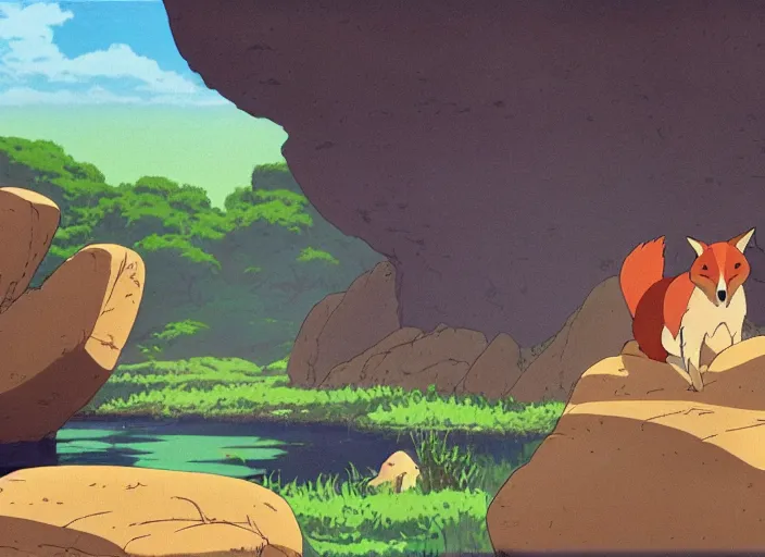 Prompt: bathed in sun, pleasing appealing smooth flat rocky environment sunningrocks by the river's shore, forest clearing, still placid environment matte painting from studio ghibli and the fox and the hound ( 1 9 8 1 )