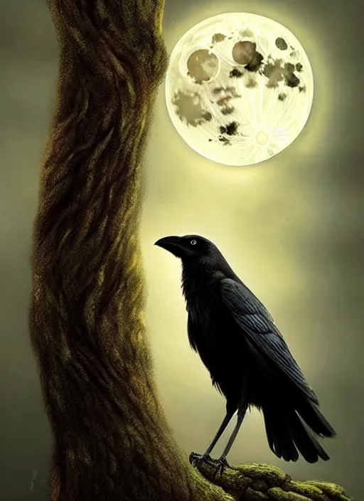 Image similar to side portrait dark crow on tree in front of the full big moon, fine art, awesome fantasy book cover on Pinterest, award winning, fantasy forest landscape, fantasy magic, dark golden light night, intricate, elegant, sharp focus, illustration, highly detailed, digital painting, concept art, matte, art by WLOP and Artgerm and Greg Rutkowski, masterpiece, trending on artstation