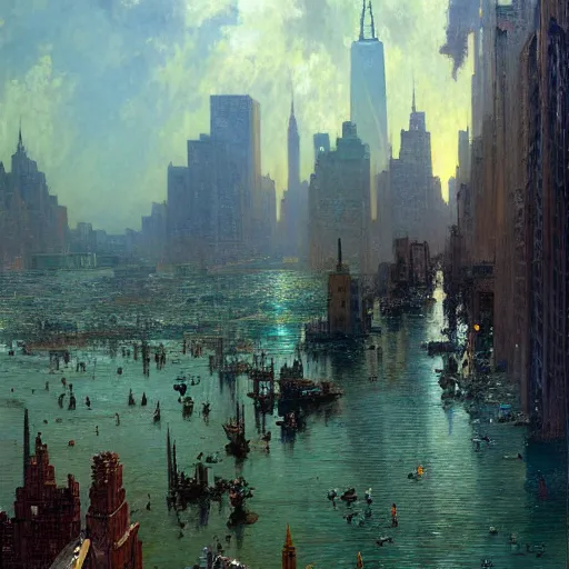 Image similar to modern new york city sinking in the ocean, water is entering. buildings, the whole city is half way underwater already, natural lighting, path traced, highly detailed, high quality, digital painting, by gaston bussiere, craig mullins, alphonse mucha j. c. leyendecker