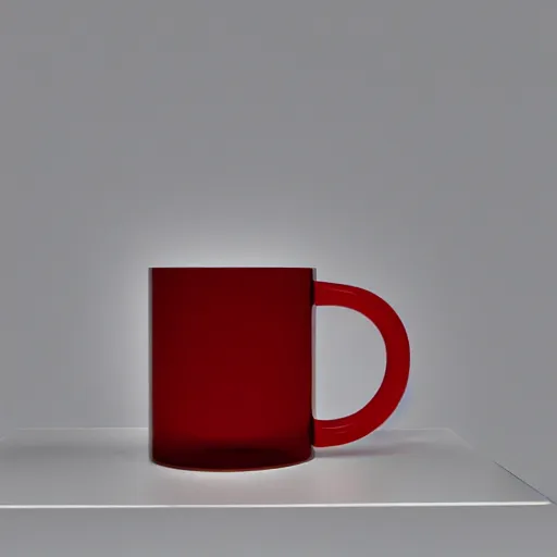 Prompt: an ultra high definition professional studio quality photograph of a transparent glass cubist red mug on a white plinth in an empty white room. dramatic lighting, ray tracing, refraction, shallow d. o. f, colour corrected, symmetrical layout, three point light.