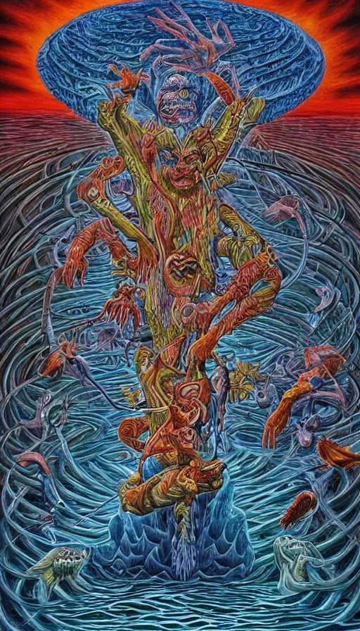 Prompt: man on boat crossing a body of water in hell with creatures in the water, sea of souls, by alex grey,