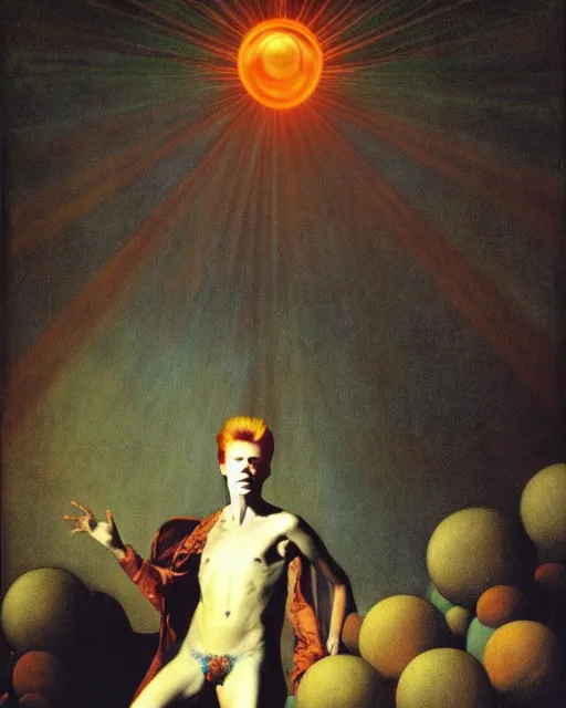 Prompt: david bowie as a ziggy stardust levitating and surrounded by transcendental light by jean auguste dominique ingres, luminous orbs, labyrinthine, sacred, mystical