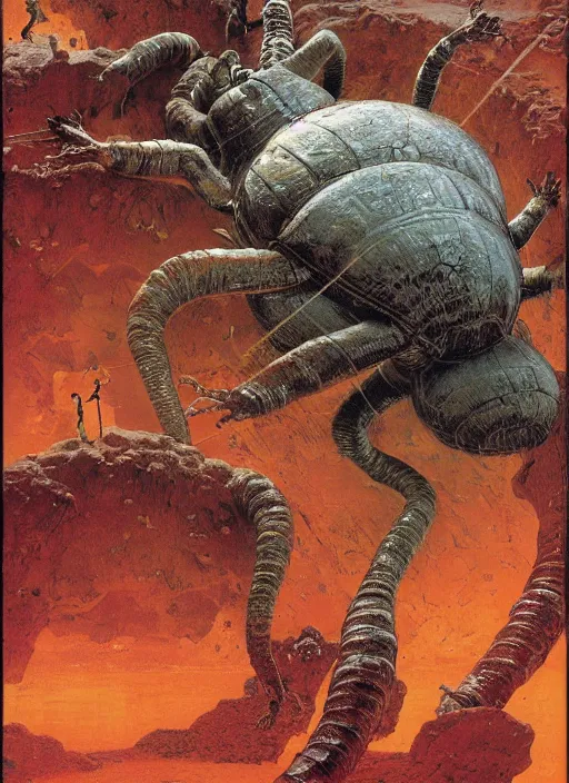 Image similar to giant louse in lava cave, explosions, lava flows, dynamic action, by lawrence alma tadema and zdzislaw beksinski and norman rockwell and jack kirby and tom lovell and greg staples, arstation creature concept