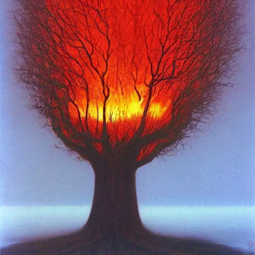 Image similar to a large tree on a plain lit on fire. by zdzisław beksinski.