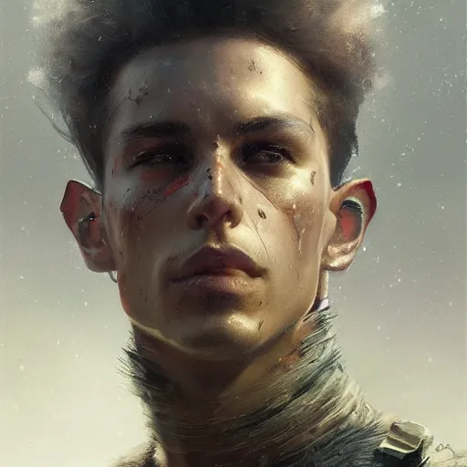 Image similar to a dramatic epic ethereal portrait of a futuristic soldier, young male, detailed face, cinematic lighting, highly detailed oil on canvas painting by Greg Rutkowski, winning-award digital art trending on Artstation H 1024 W 832