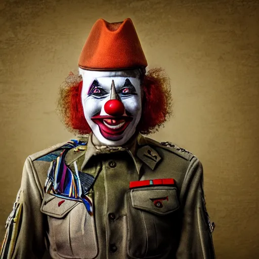 Prompt: clown in war uniform , award winning photograph , 4k , HD