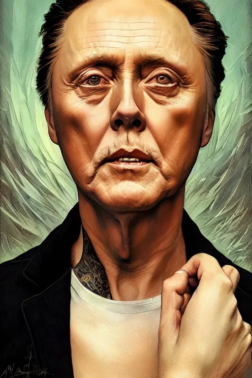 Prompt: portrait of christopher walken with an eyebrow piercing, high quality painting by artgerm and greg rutkowski and alphonse mucha