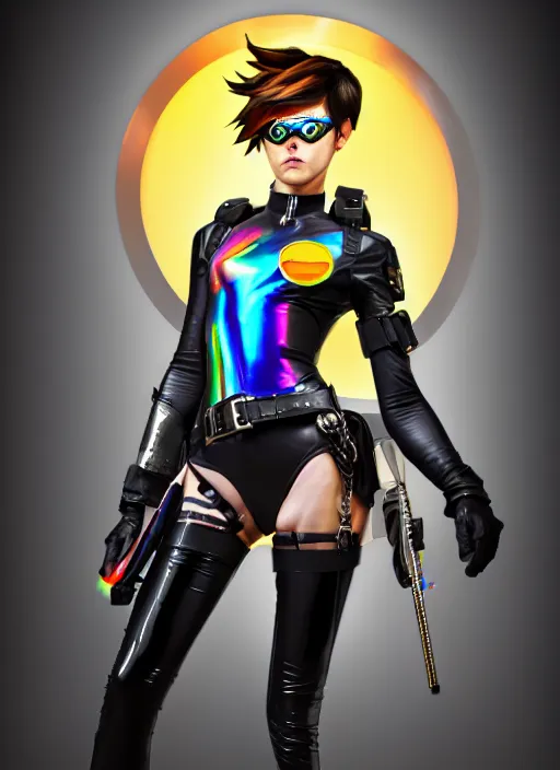 Image similar to oil painting digital artwork of tracer overwatch, confident pose, wearing black iridescent rainbow latex, 4 k, expressive happy smug expression, makeup, in style of mark arian, wearing leather collar, wearing sleek armor, black leather harness, expressive detailed face and eyes,