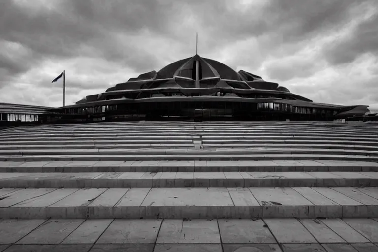 Prompt: award winning photo of the australian parliament house architecturally designed with strong sinister and occult masonic design, heavy red storm clouds