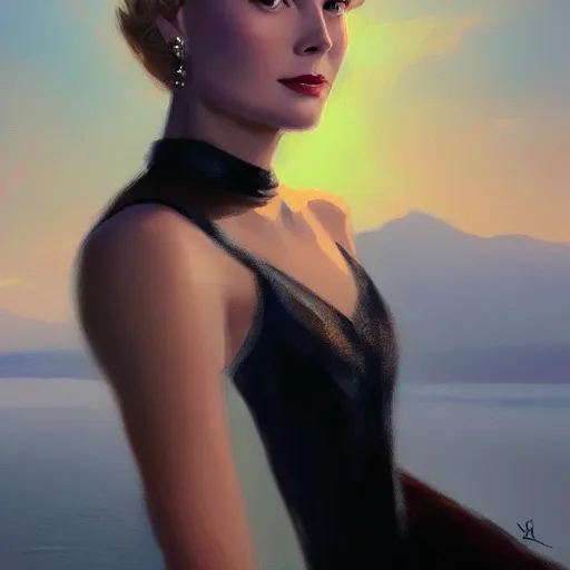 Image similar to a closeup portrait of a grace kelly, dramatic light, lake background, sunset, high contrast, sharp, painted by stanley lau, painted by greg rutkowski, painted by stanley artgerm, digital art, trending on artstation