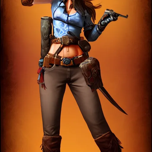 Image similar to full body, female cowgirl, perfect face, long rifle, 8 k, magic the gathering, d & d, artstation