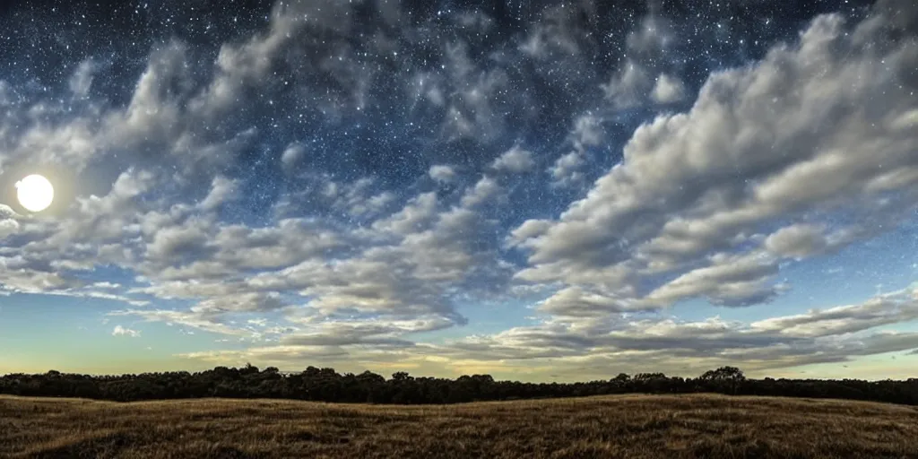 Image similar to skybox clear winter sky with puffy clouds, stars, moon, exr, hdri, polyhaven