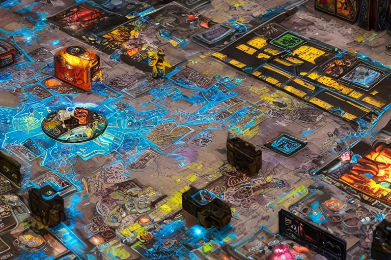 Image similar to an intricate 3D cyberpunk board game with figurines, cards and book around, beautiful illustrated map, photo realistic, artstation