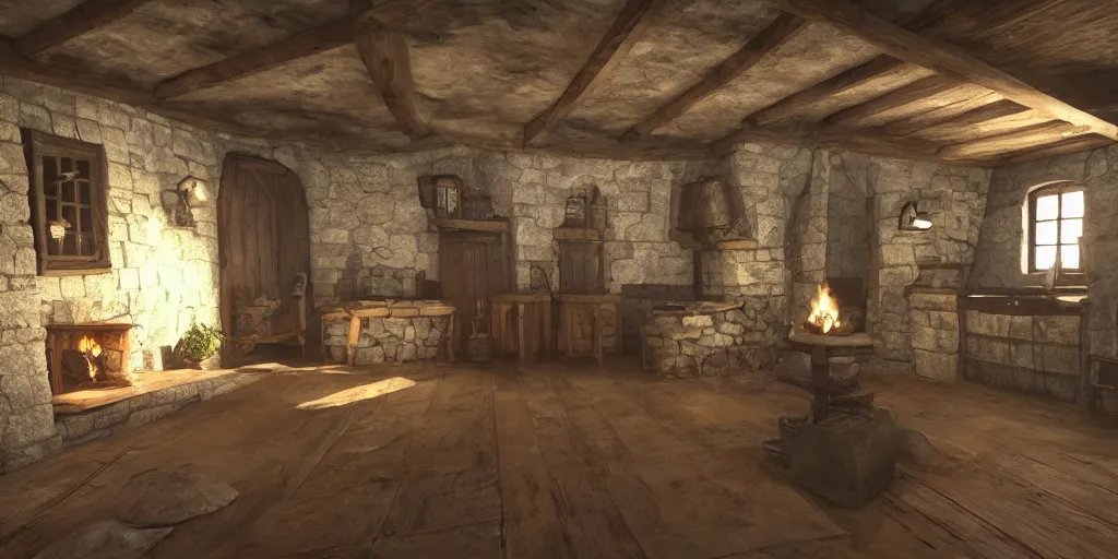 Prompt: medieval cottage interior, unreal engine