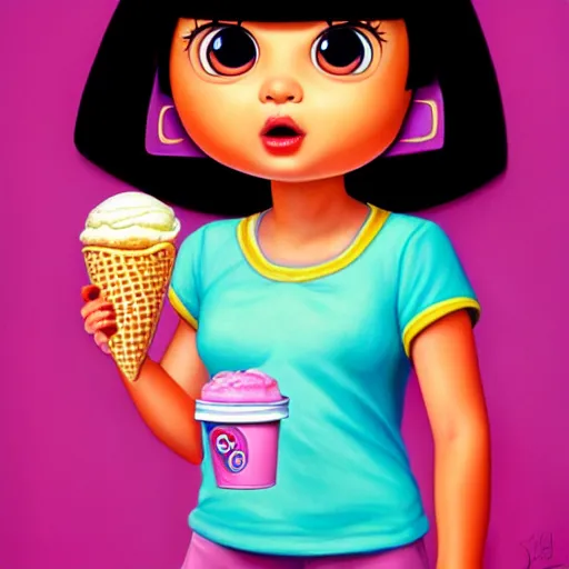 Prompt: dora the explorer as real girl holding ice cream, Pop Surrealism lowbrow art style, by Mark Ryden, artstation