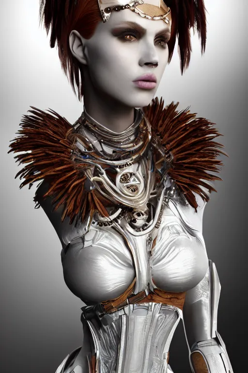 Image similar to white cyborg fashion shot, maasai warriors, copper spiral hair decorations, white elegant baroque design, pretty face, punk hair, photorealistic, 8k, hyper detailed, unreal engine, trending on artstation,