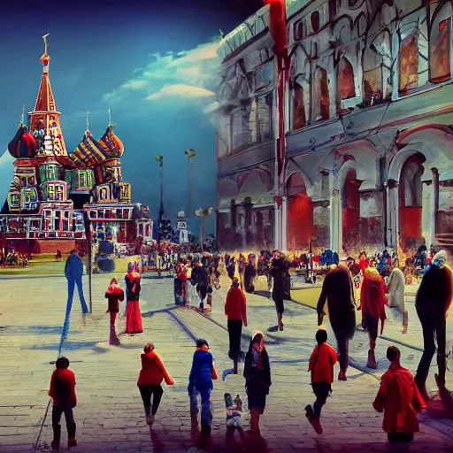 Prompt: concept art Kremlin, crowd, children, adults, robots, red flags, great future cinematic, joyful, in the style of photorealism