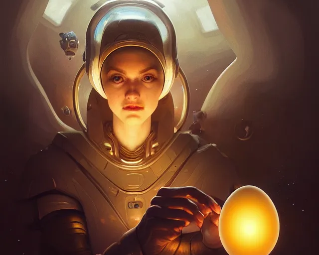 Prompt: a person with a fried egg as a head, inside a spaceship, deep focus, d & d, sci - fy, intricate, elegant, highly detailed, digital painting, artstation, concept art, matte, sharp focus, illustration, hearthstone, art by artgerm and greg rutkowski and alphonse mucha