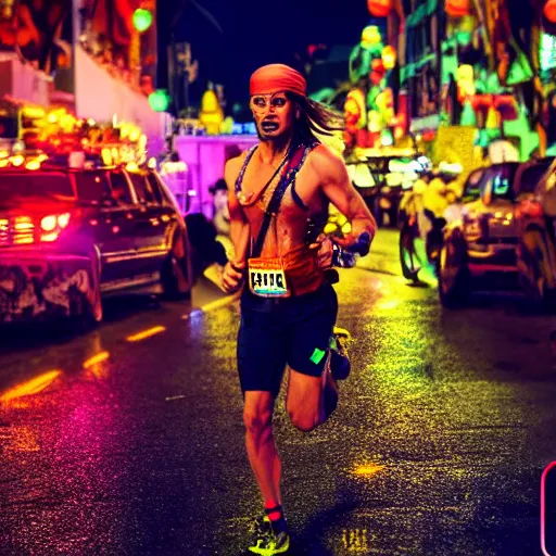 Prompt: jack sparrow running a marathon at night on a neon lit street, cinematic, detailed