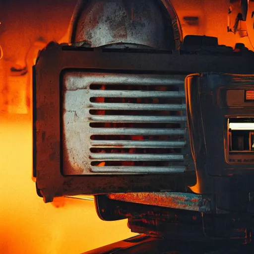 Image similar to head of toaster oven mecha, dark messy smoke - filled cluttered workshop, dark, dramatic lighting, orange tint, cinematic, highly detailed, sci - fi, futuristic, movie still