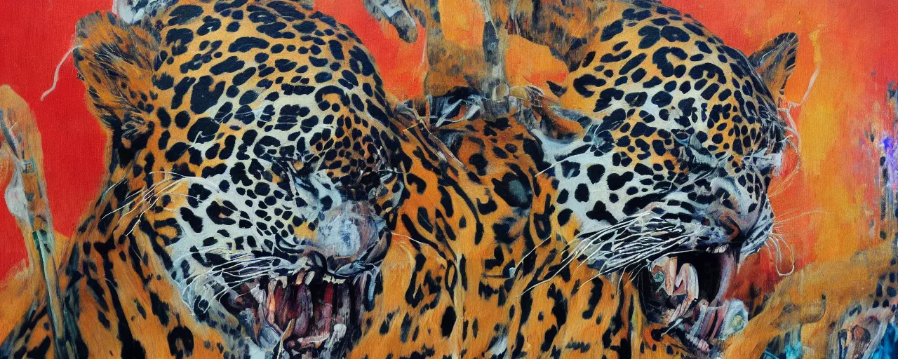 Image similar to the painting of a shaman turning into a jaguar 4 k render