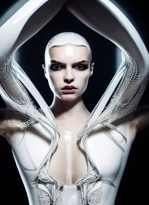 Prompt: a fierce nubile young woman with reflections in her eyes and slicked hair, wearing a intricate white latex futuristic costume, clear skin, elegant, graceful, fashionable, swirling dark energy in background, cinematic, hyperdetailed illustration by irakli nadar and alexandre ferra, intricate linework, faberge, ornamental, depth of field, global illumination,