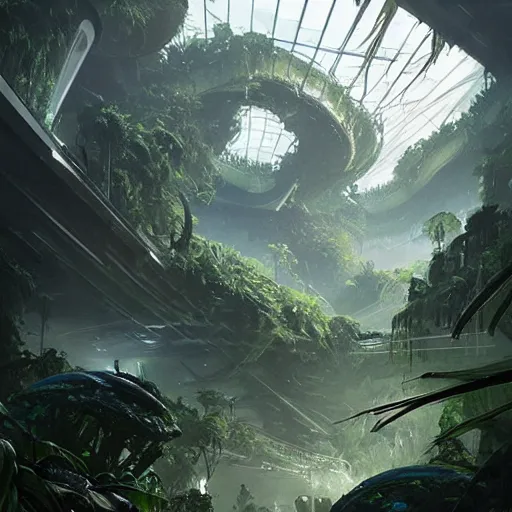 Image similar to epic alien jungle by greg rutkowski inside a giant laboratory by zaha hadid