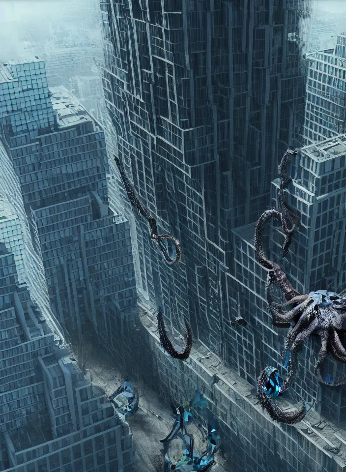 Prompt: A very giant and Kraken-like multi-eyed monster jumped up on a office building and wrapped his tentacles all around him. High detail, aerial view, photorealism, concept art, octane render, 8k