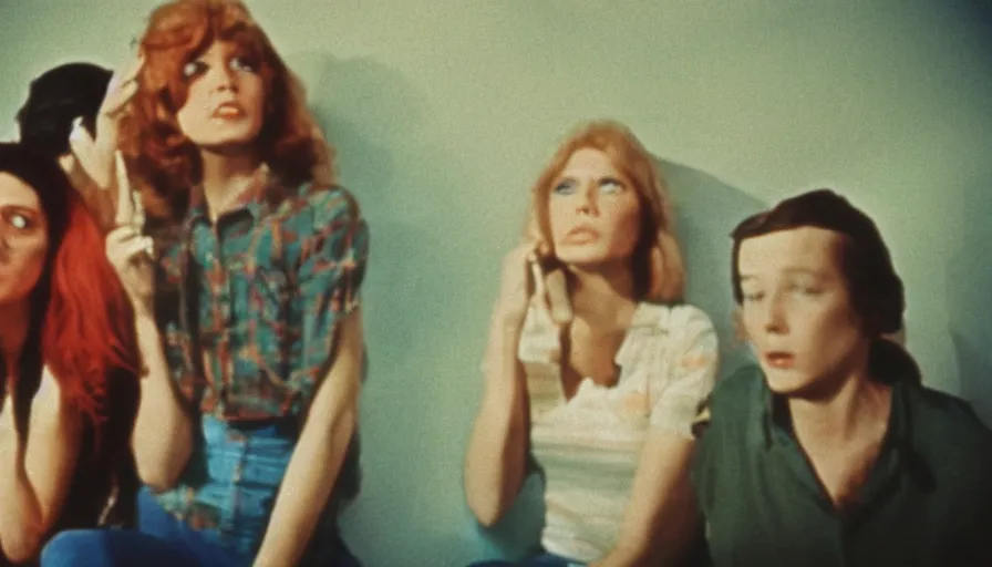 Prompt: 7 0 s film still from a horror movie with young adults staring at a television, kodachrome, cinecolor, cinestill, photorealism, cinematic, film grain, film texture, vhs recording