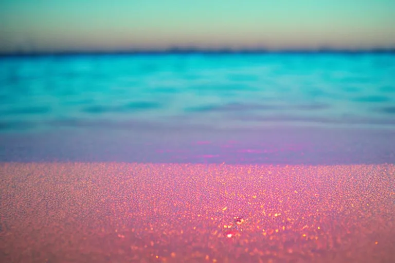 Image similar to a vintage family holiday photo fuji kodak of an empty beach shore with pastel pink iridescent!! sand and reflective metallic water and sunbathing equipment at dusk. refraction, volumetric, light haze.