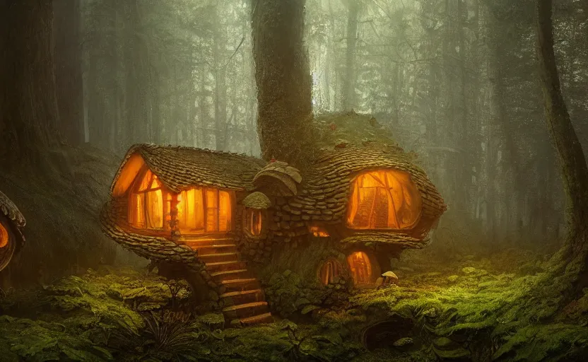 Prompt: A mushroom house in a tall mushroom, warm light coming from the windows, small door and windows in the mushroom, in a dark forest, macro, cool tones, underexposed, overecast, mysterious matte painting by greg rutkowski and marc simonetti and Ivan Shishkin, 4k