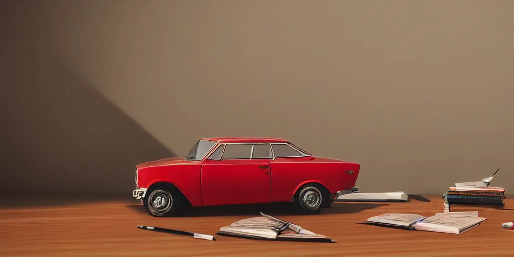 Image similar to a small miniature of a red Chevrolet Opala near a book and a pencil on a wooden table, hyperrealistic, concept art, octane render, unreal engine 5, path tracing, complementary colours, high quality, highly detailed, 4K, symmetrical, low contrast, centered, house interior background