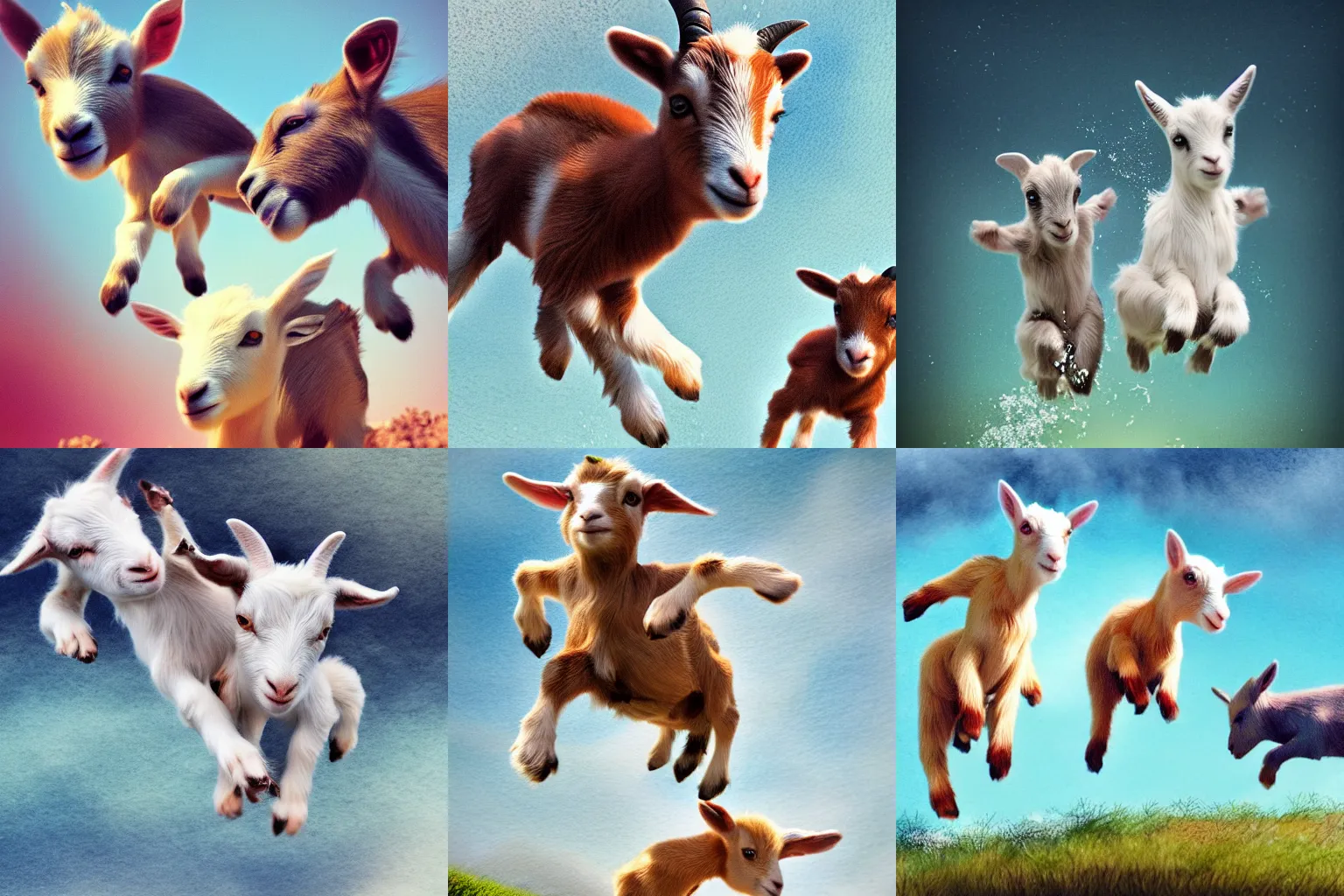 Prompt: cute baby goats jumping happily, strong imagery, highly detailed, illustration, highly detailed water colour 8 k, cinematic lighting, hd, high detail, atmospheric, trending on artstation