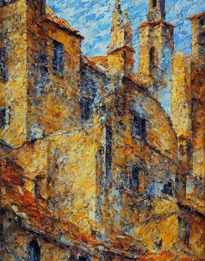 Prompt: Aix en Provence , 3d high relief painted in the style of the old masters, painterly, thick heavy impasto, expressive impressionist style, painted with a palette knife