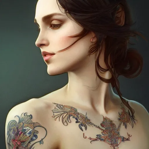 Image similar to ultra realistic illustration, a hot brunette tattooed slavic woman in her late 2 0's, intricate, elegant, highly detailed, digital painting, artstation, concept art, smooth, sharp focus, illustration, art by artgerm and greg rutkowski and alphonse mucha