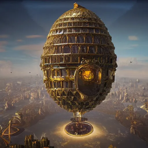 Image similar to enormous flying city in a faberge egg, clear skies, steampunk, fantasy art, masterpiece, unreal engine