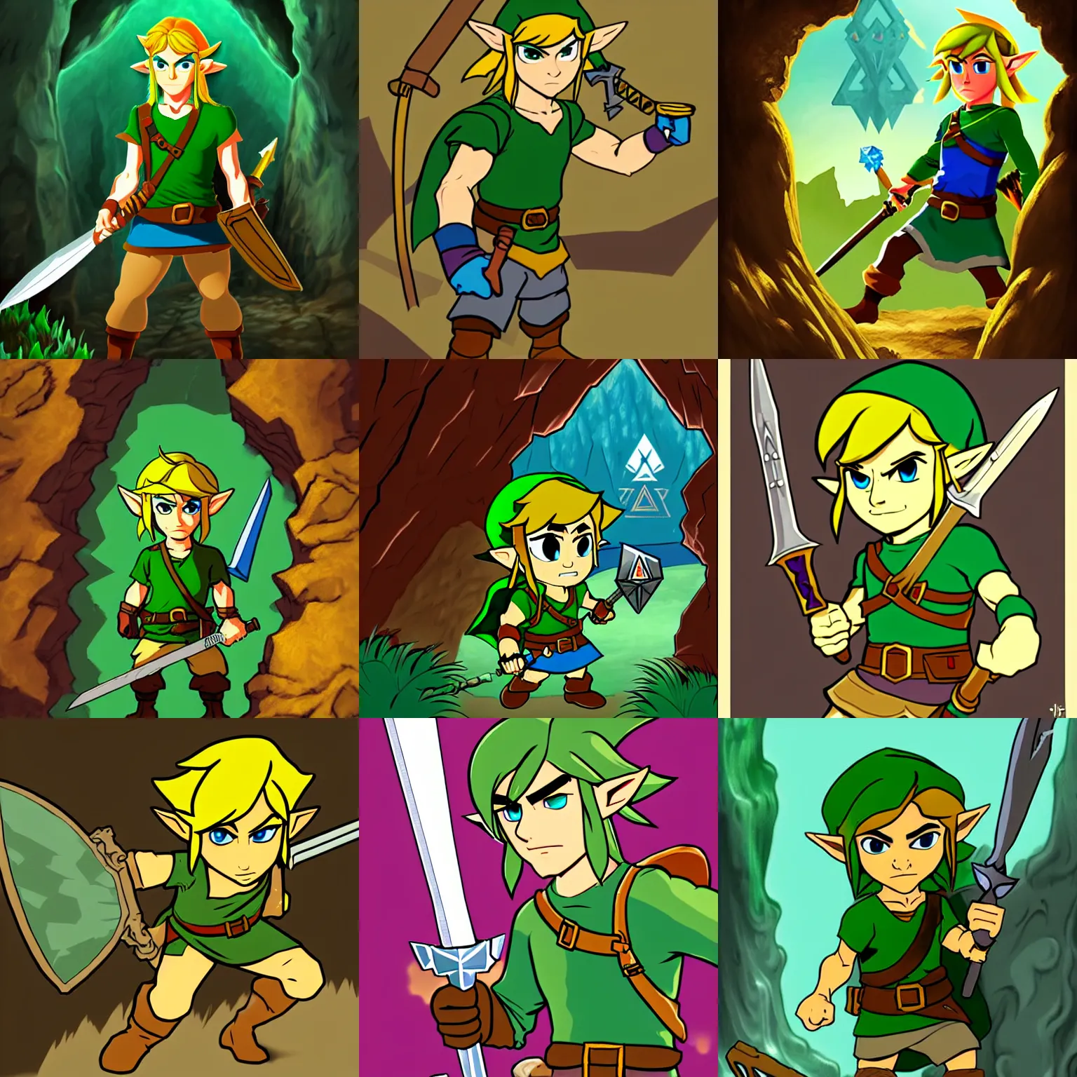 Prompt: link in a cave, legend of zelda, mature, dungeons and dragons, in the style of ralph bakshi, key art