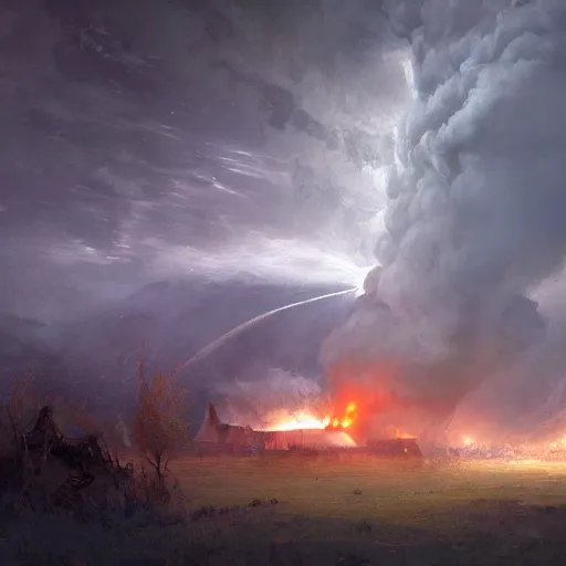 Prompt: an epic view of a smoke tornado destroying a farmhouse, twister, dust devils, flying particles, concept art, by jean duplessis - bertaux and greg rutkowski, trending on artstation