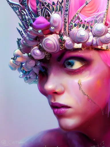 Prompt: pink portrait of young beautiful female angel queen Emma Stone head wearing shiny pink crown, subtle purple accents, hyper details, black metal rococo, sculpted by Alex Alice, Craig Mullins, yoji shinkawa, trending on artstation, beautifully lit, Peter mohrbacher, hyper detailed, insane details, intricate, elite, elegant, luxury, ray of light through smoke, CGsociety, hypermaximalist, golden ratio, volumetric, octane render, weta digital, micro details, 3d sculpture