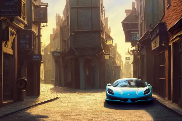 Image similar to a wholesome animation key shot of one focused ferrari, dynamic, on an ancient london street, wide shot, studio ghibli, pixar and disney animation, sharp, very detailed, high resolution, rendered in unreal engine 5, anime key art by greg rutkowski, overcast lighting, dark