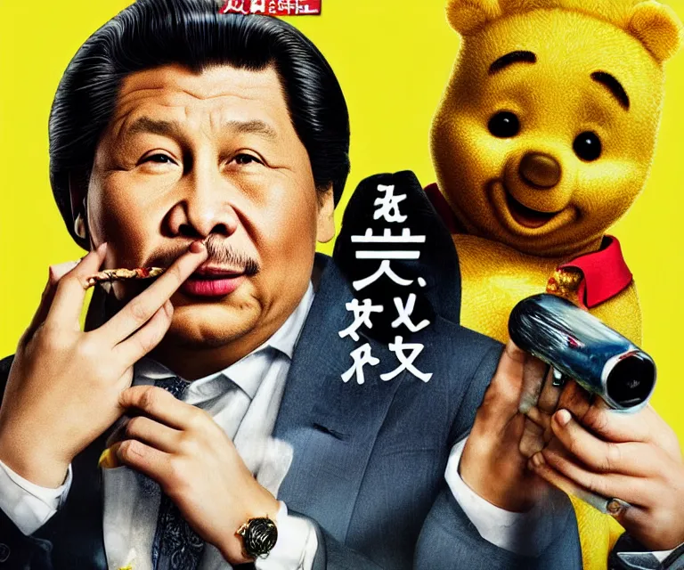Prompt: hyperralism pineapple express movie still photography of real detailed xi jinping with detailed face smoking detailed weed in detailed basement bedroom with winnie the pooh hyperrealism photography by araki nobuyoshi