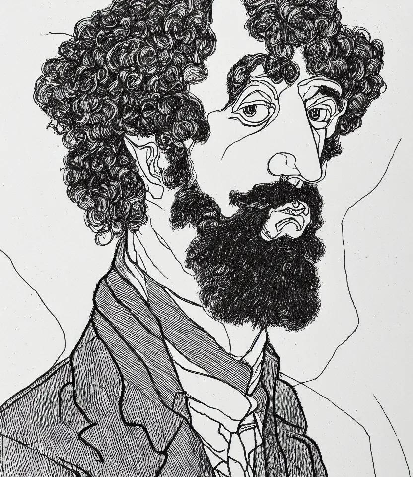 Prompt: detailed line art portrait of erik satie, inspired by egon schiele. caricatural, minimalist, bold contour lines, musicality, soft twirls curls and curves, confident personality, raw emotion