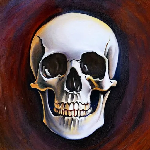 Prompt: human skeleton painting a painting of a skull