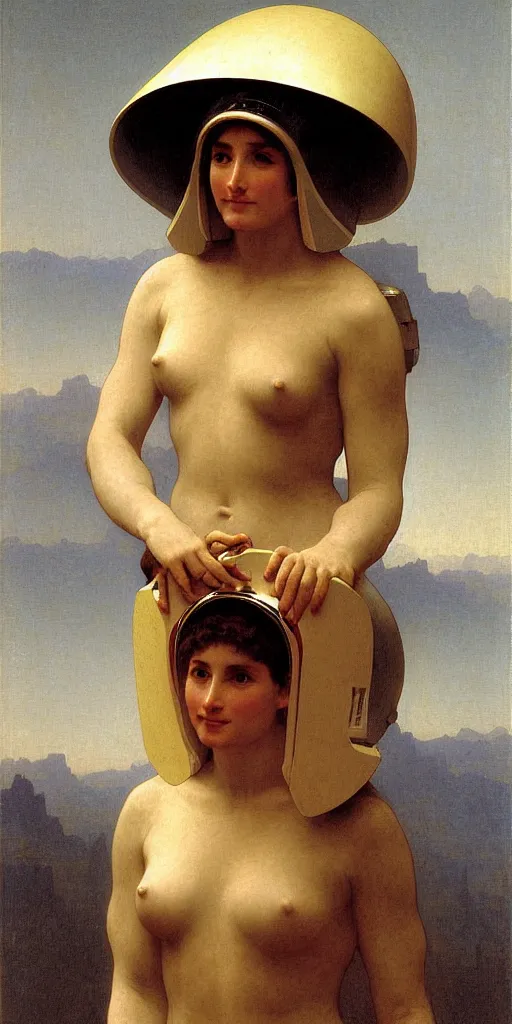 Image similar to portrait of an ancient human species in astronaut helmets, by bouguereau