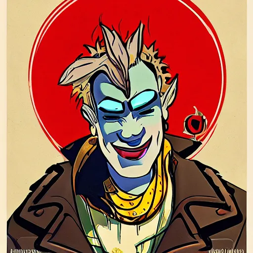 Prompt: junkrat from overwatch in the style of a 1 9 6 0 s art nouveau poster