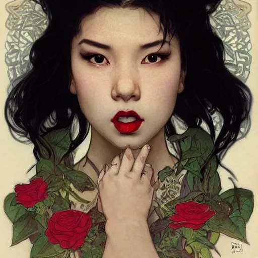 Prompt: portrait of a very beautiful mixed asian vampire, top half of body, upset expression, by Stanley Artgerm Lau, greg rutkowski, thomas kindkade, alphonse mucha, loish, norman rockwell, J. C. Leyendecker. black hair, light skin, detailed eyes, red lips. rose frame. Trending on artstation rule of thirds extremely detailed illustration hd 4k