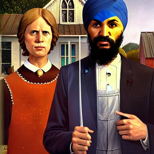 Prompt: Justin Trudeau together with Jagmeet Singh in the american gothic painting, concept art, sharp focus, highly detailed digital painting by Grant Wood, artstation