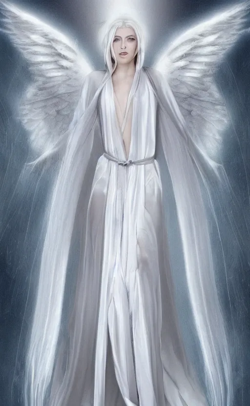 Image similar to angelic beauty with silver hair so pale and wan! and thin!?, flowing robes, covered in robes, lone pale wan fair angel, wearing robes of silver, flowing, pale skin, young cute face, covered!!, clothed!! style of lucien levy - dhurmer and jean deville, oil on canvas, 4 k resolution, aesthetic!, mystery